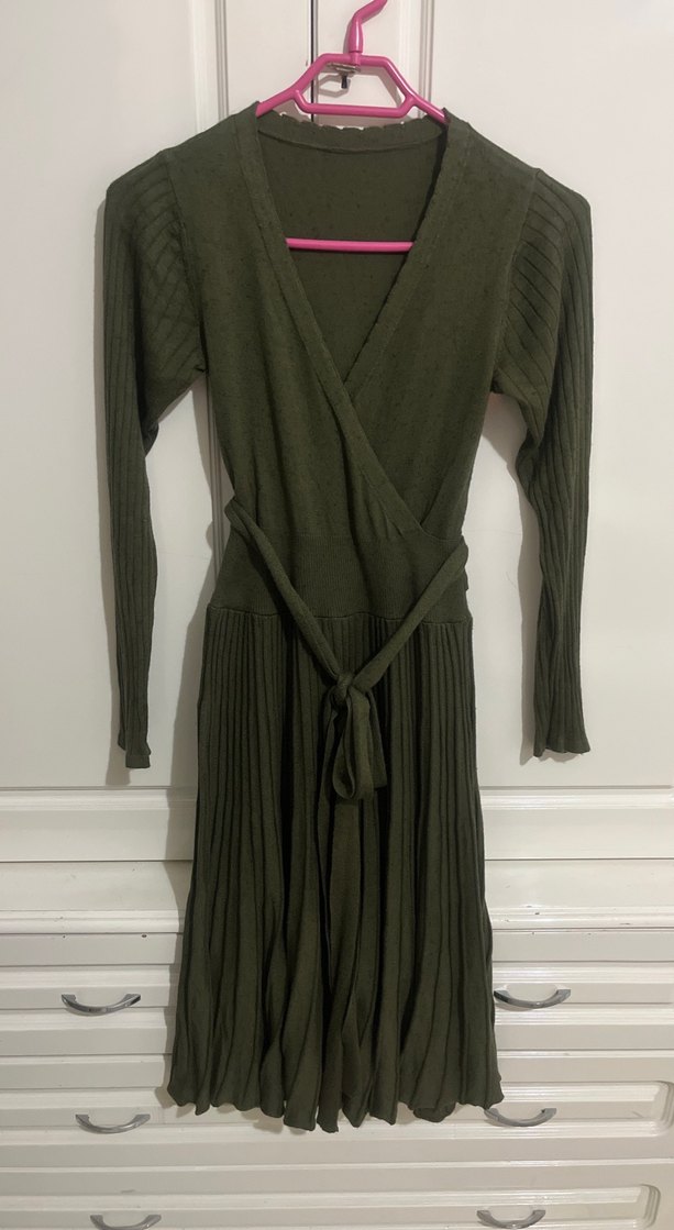 Kadın Yeşil Uzun Kollu Piliseli Triko Elbise - Görsel 2