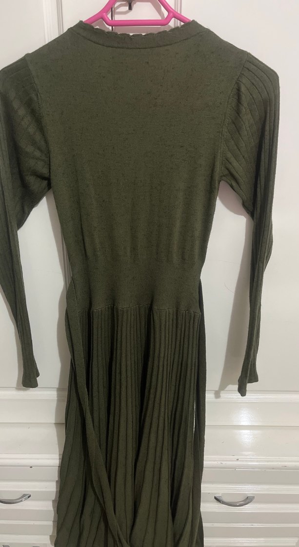 Kadın Yeşil Uzun Kollu Piliseli Triko Elbise - Görsel 5