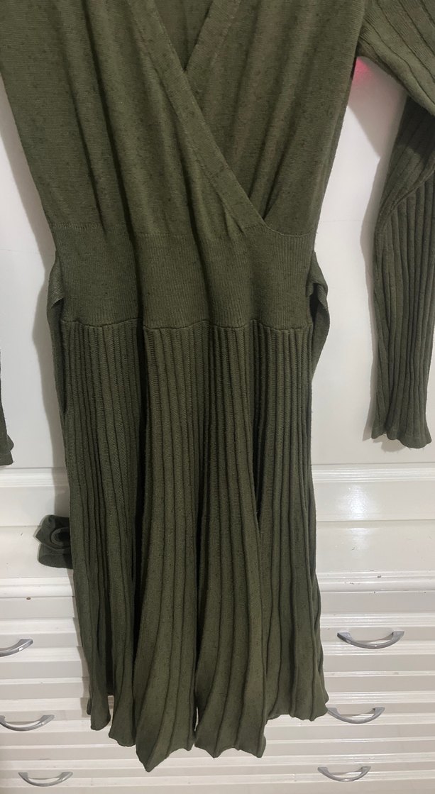 Kadın Yeşil Uzun Kollu Piliseli Triko Elbise - Görsel 4