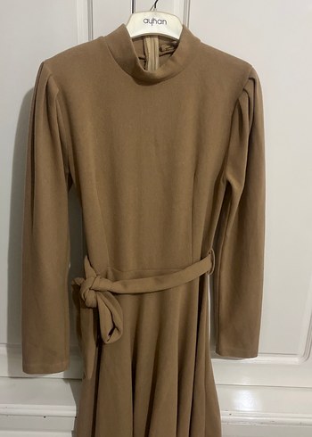 Camel Renk Kemerli Midi Triko Elbise - Görsel 3