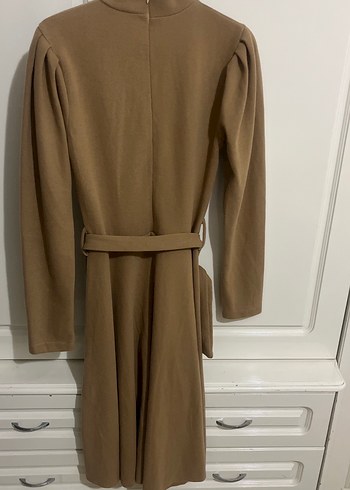 Camel Renk Kemerli Midi Triko Elbise - Görsel 5