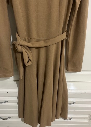 Camel Renk Kemerli Midi Triko Elbise - Görsel 4