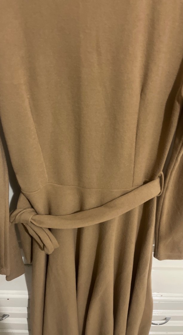 Camel Renk Kemerli Midi Triko Elbise - Görsel 2