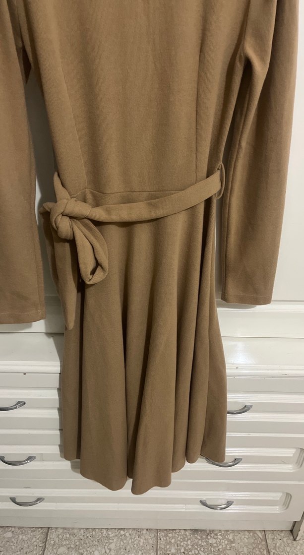 Camel Renk Kemerli Midi Triko Elbise - Görsel 4