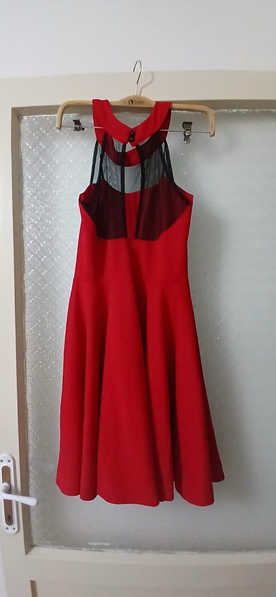 Kırmızı Drapeli Midi Abiye Elbise - Görsel 2