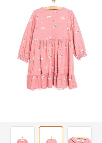 Pembe Çiçekli Uzun Kollu Fırfırlı Kız Elbisesi - Görsel 2