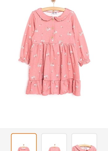 Pembe Çiçekli Uzun Kollu Fırfırlı Kız Elbisesi - Görsel 3