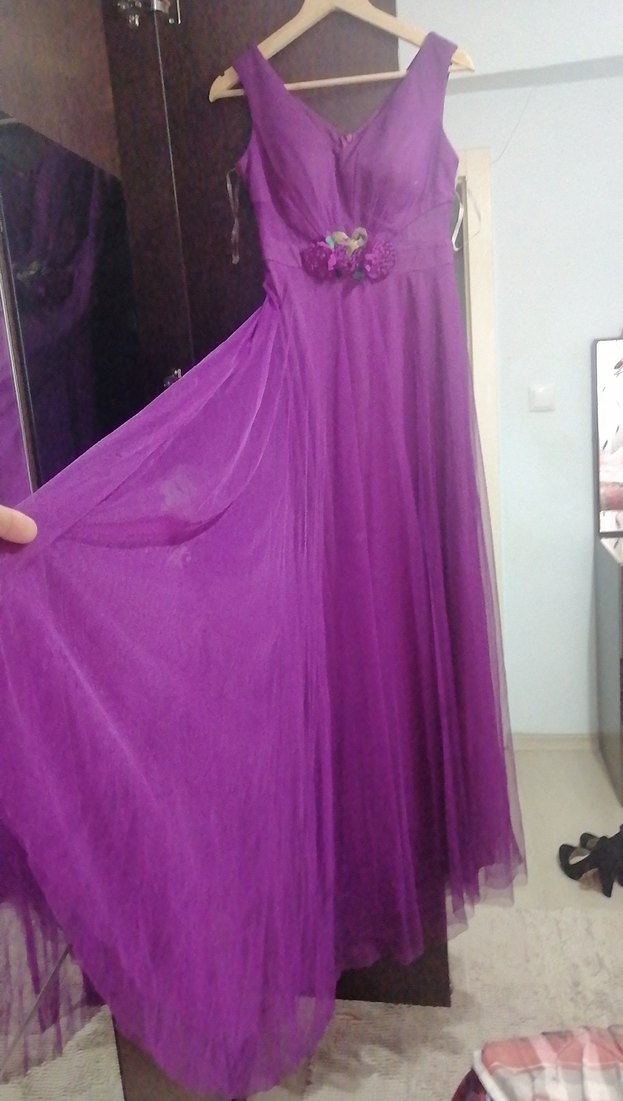 Mor Uzun Abiye Elbise Drapeli - Görsel 2