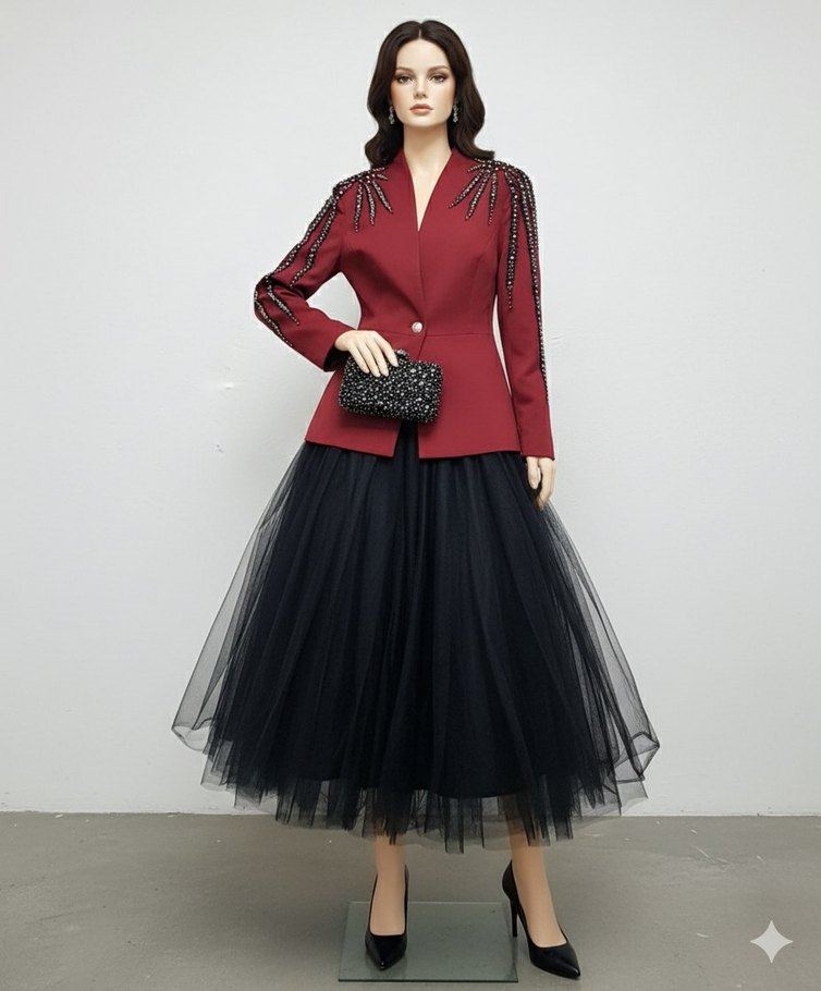 Taş ve güpür detaylı bordo ceket - Görsel 2