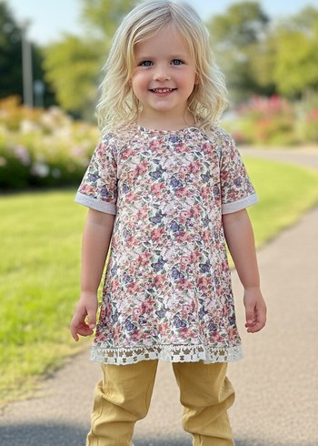Çiçek Desenli Kız Tişörtü Dantel Detaylı - Görsel 2