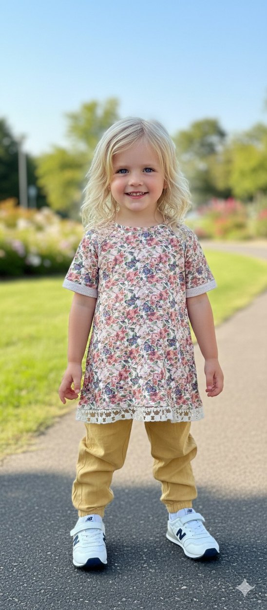 Çiçek Desenli Kız Tişörtü Dantel Detaylı - Görsel 2