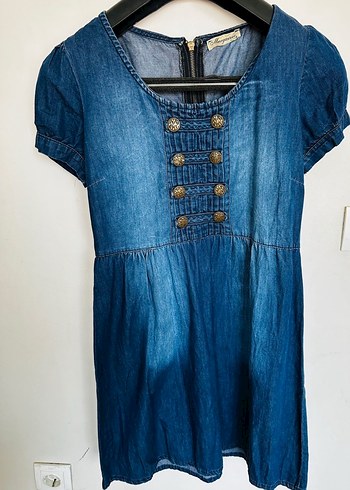 Düğmeli Kısa Kollu Midi Denim Elbise