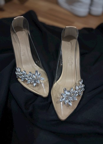 Bej Parlak Taşlı Şeffaf Topuklu Kadın Ayakkabı - Görsel 2