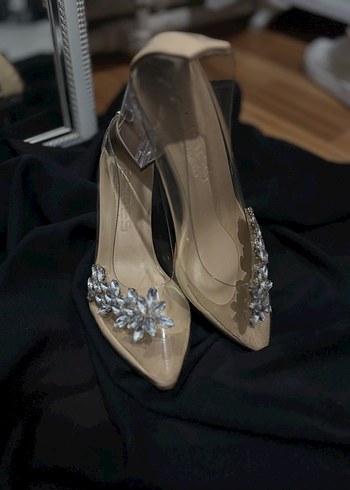 Bej Parlak Taşlı Şeffaf Topuklu Kadın Ayakkabı - Görsel 3
