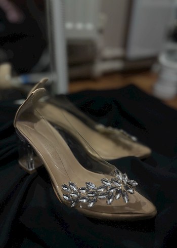Bej Parlak Taşlı Şeffaf Topuklu Kadın Ayakkabı - Görsel 5