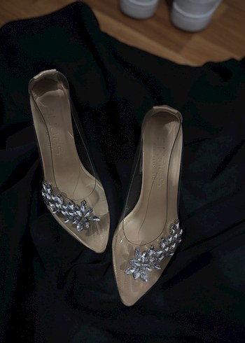 Bej Parlak Taşlı Şeffaf Topuklu Kadın Ayakkabı - Görsel 6