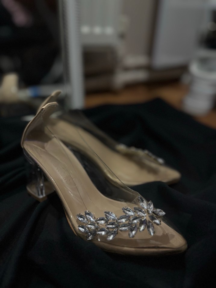 Bej Parlak Taşlı Şeffaf Topuklu Kadın Ayakkabı - Görsel 5