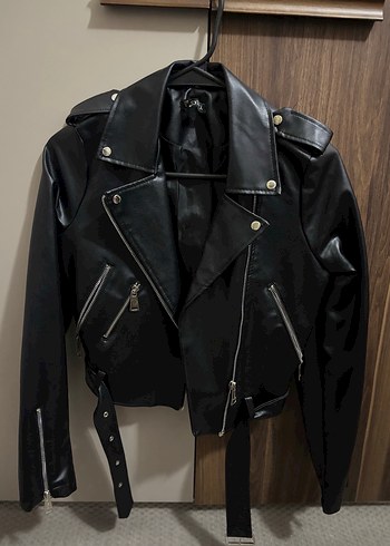 Siyah Kayışlı Deri Biker Ceket - Görsel 2