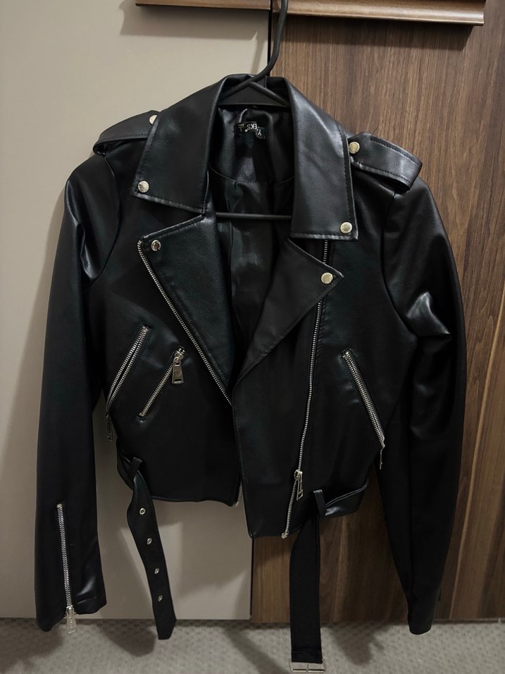 Siyah Kayışlı Deri Biker Ceket - Görsel 2