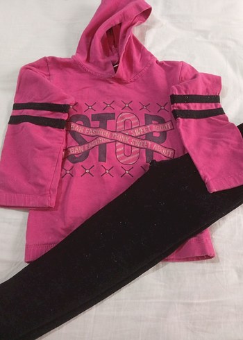 Kız Çocuk Kapüşonlu Pembe Sweatshirt ve Siyah Tayt