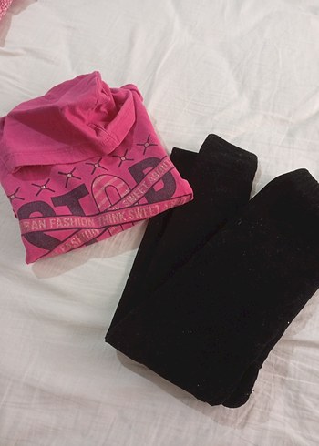 Diğer Kız Çocuk Kapüşonlu Pembe Sweatshirt ve Siyah Tayt