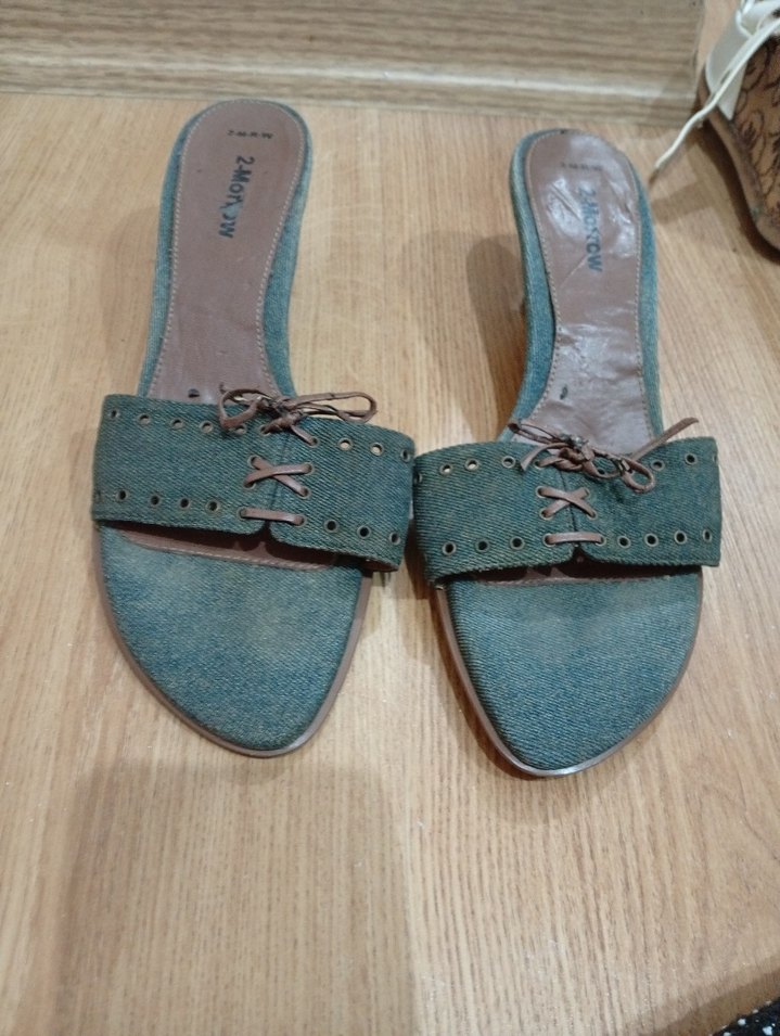 Nakışlı Kahverengi Denim Stiletto Terlik - Görsel 3