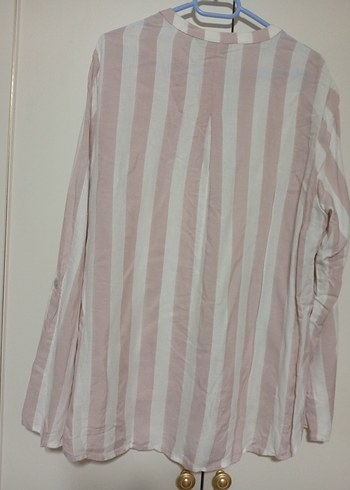 Pembe Çizgili V Yaka Uzun Kollu Gömlek - Görsel 4