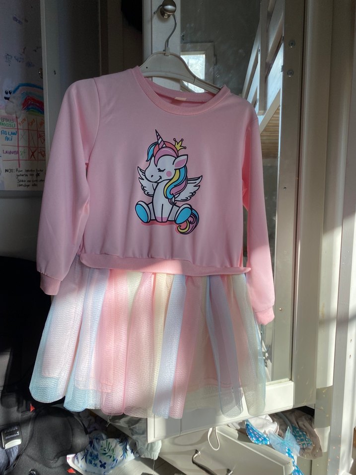 Uzun Kollu Pembe Kız Çocuk Unicorn Elbise - Görsel 2