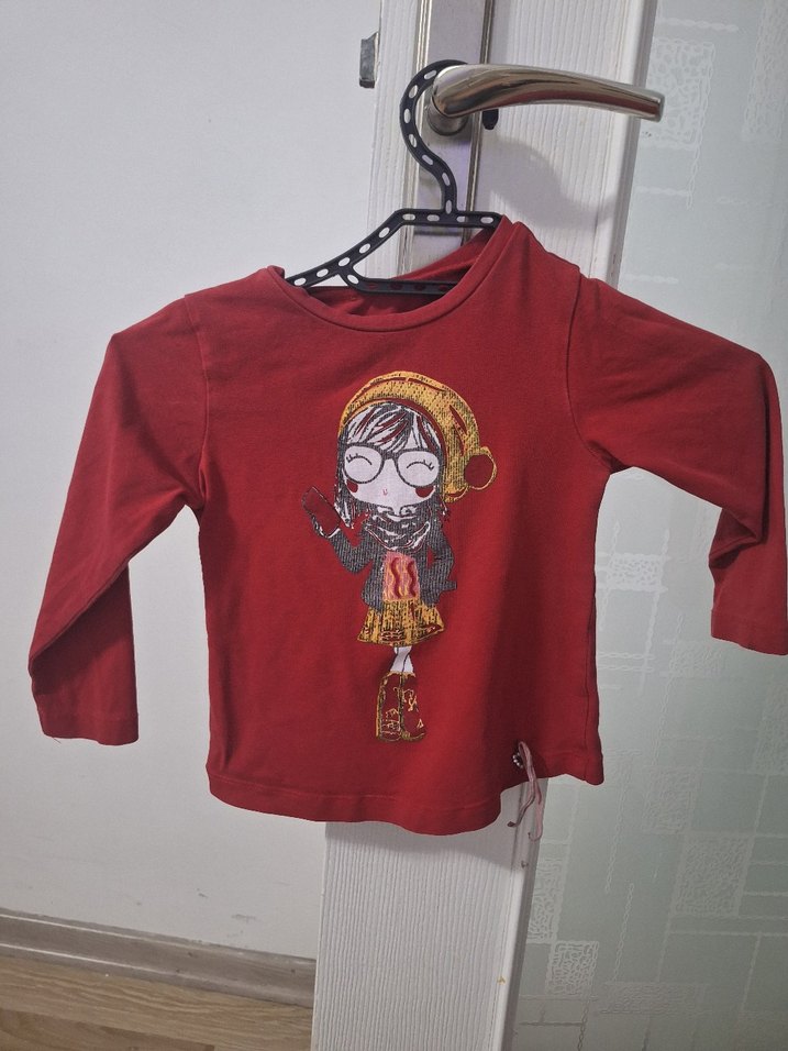 Kız Çocuk Kırmızı Uzun Kollu Baskılı Tişört - Görsel 3