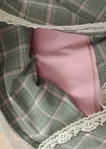 l Beden Dantel Detaylı Ekose Gri Mini Etek