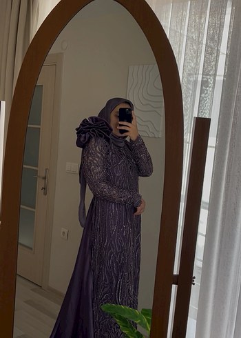 Uzun Kollu Mor Abiye Elbise - Görsel 4