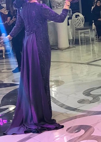 Uzun Kollu Mor Abiye Elbise - Görsel 2