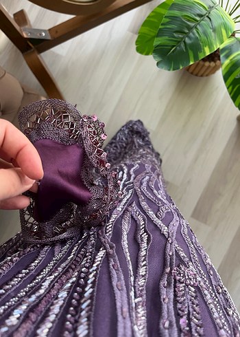 Uzun Kollu Mor Abiye Elbise - Görsel 3