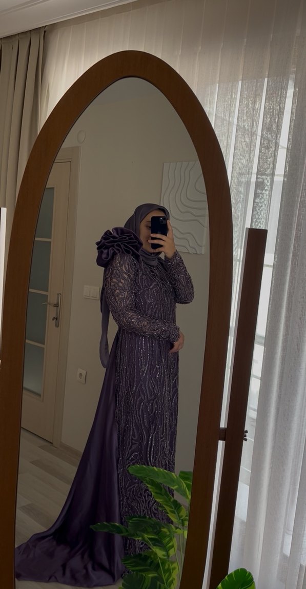 Uzun Kollu Mor Abiye Elbise - Görsel 4