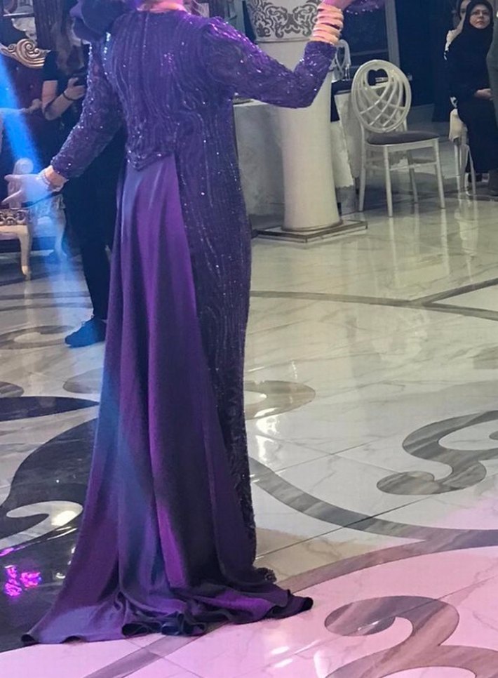 Uzun Kollu Mor Abiye Elbise - Görsel 2