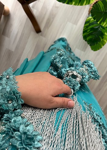 Uzun Turkuaz Drapeli Abiye Elbise - Görsel 2