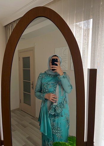 Uzun Turkuaz Drapeli Abiye Elbise - Görsel 3