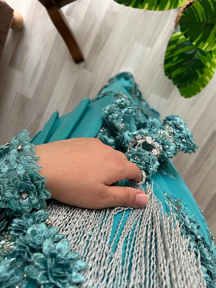 Uzun Turkuaz Drapeli Abiye Elbise - Görsel 2