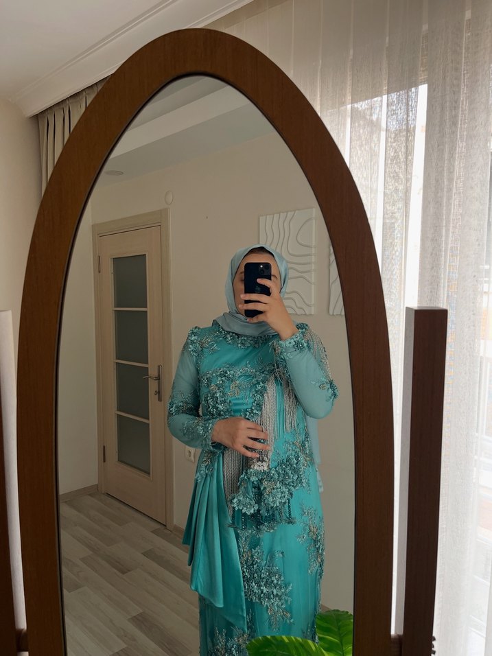 Uzun Turkuaz Drapeli Abiye Elbise - Görsel 3