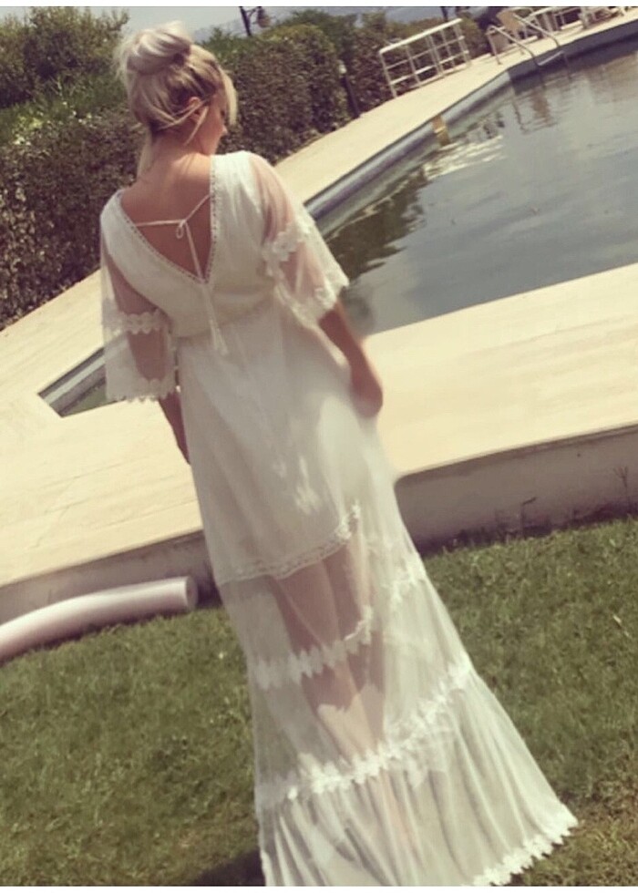 Tül detaylı beyaz elbise - Görsel 2