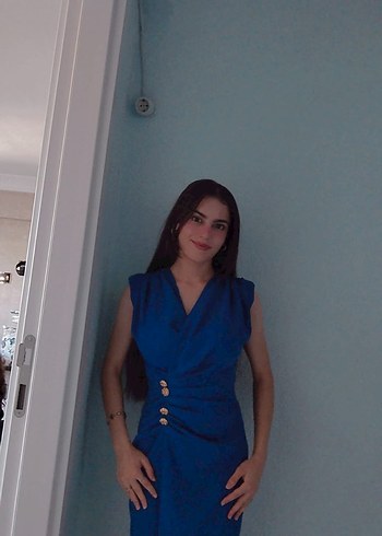 Diğer V Yaka Mavi Midi Denim Elbise
