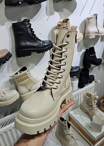 Bej Deri Kadın Bağcıklı Bot - Görsel 3