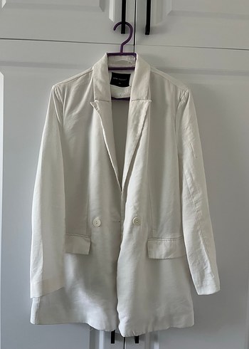 Düğmeli Beyaz Kadın Keten Blazer Ceket