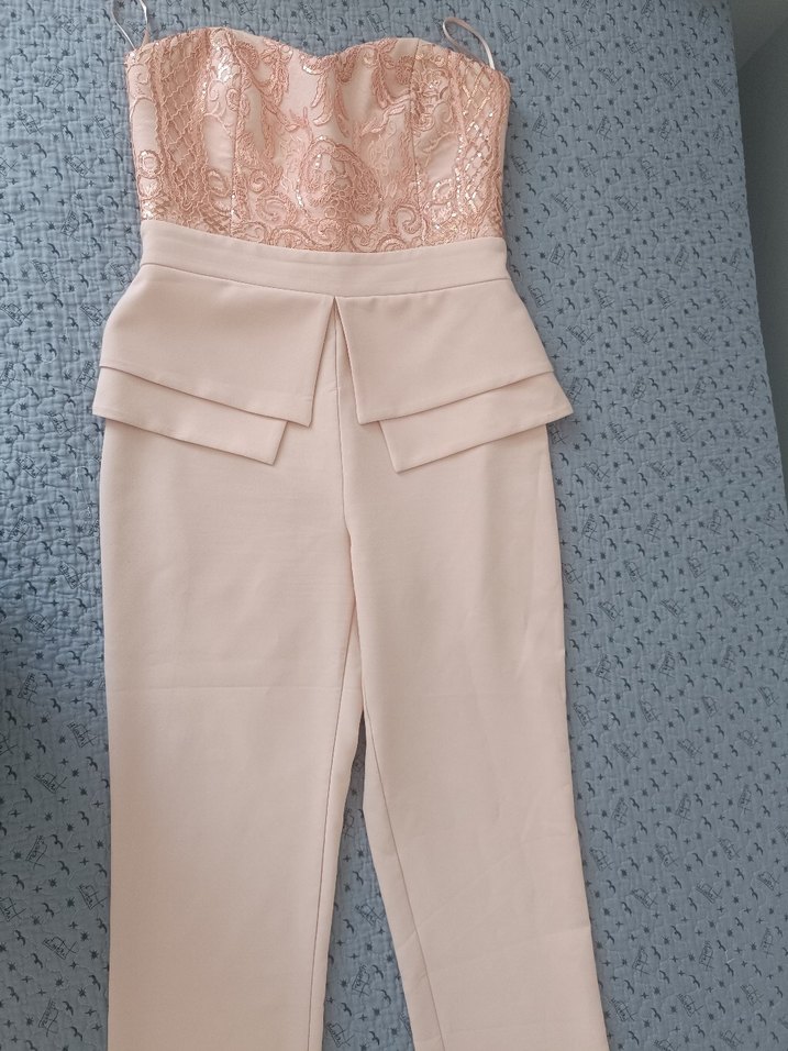 Dantel Detaylı Pembe Straplez Uzun Tulum - Görsel 2