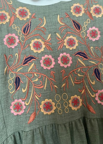 Nakışlı Boncuklu Haki Uzun  tesettür Bohem Elbise - Görsel 3