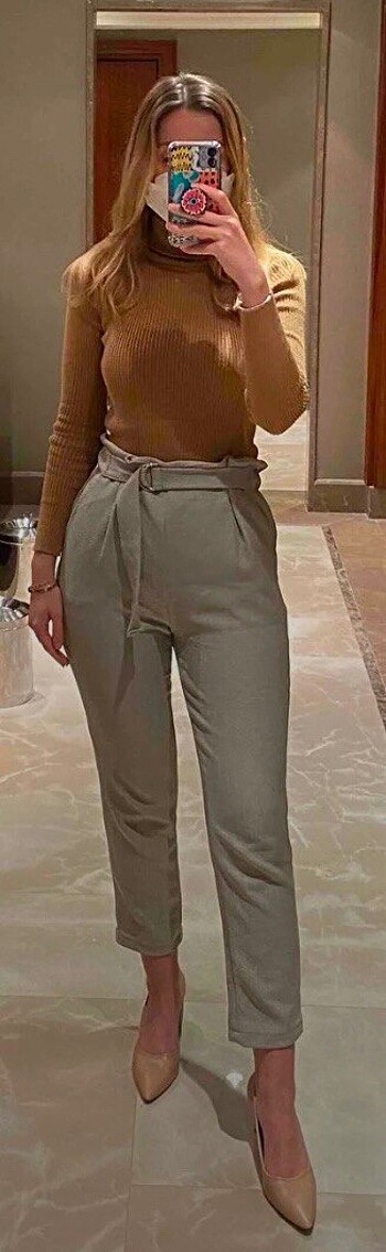 Gri cigarette bağlamalı dokuma pantolon - Görsel 6