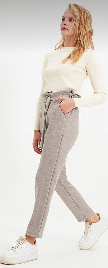 Gri cigarette bağlamalı dokuma pantolon - Görsel 7