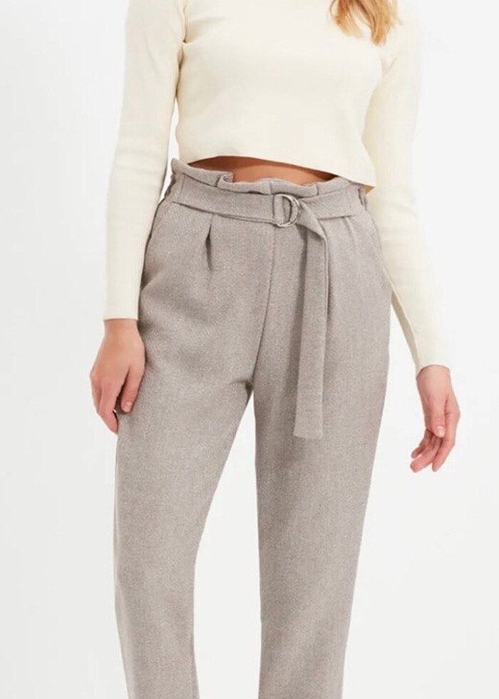 Gri cigarette bağlamalı dokuma pantolon - Görsel 2