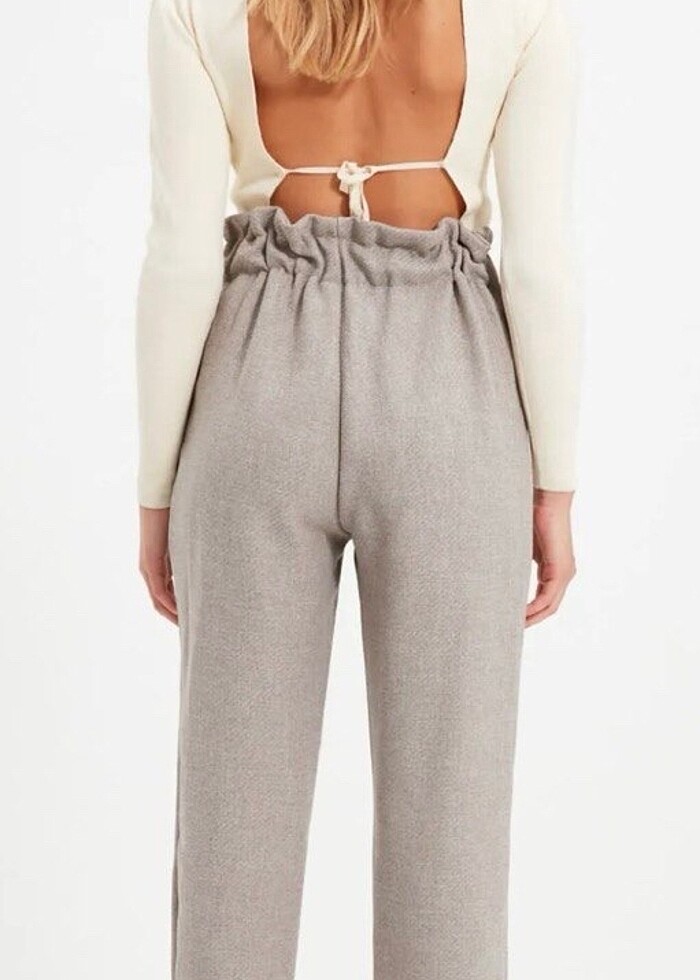 Gri cigarette bağlamalı dokuma pantolon - Görsel 4