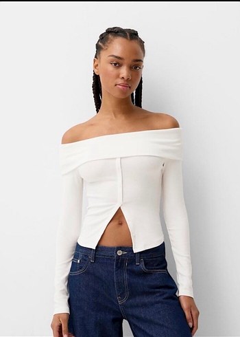 Beyaz Kayık Yaka Düğmeli Pamuk Bluz - Görsel 2